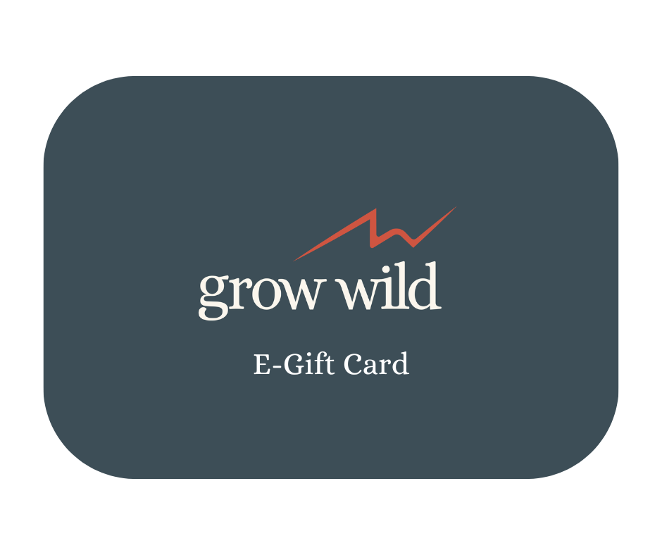 E-Gift Card with slate blue background, white logo text "grow wild" with orange "W" icon above