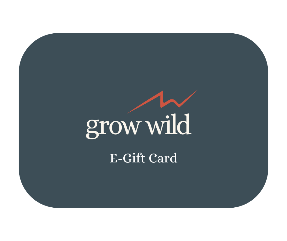 E-Gift Card with slate blue background, white logo text &quot;grow wild&quot; with orange &quot;W&quot; icon above