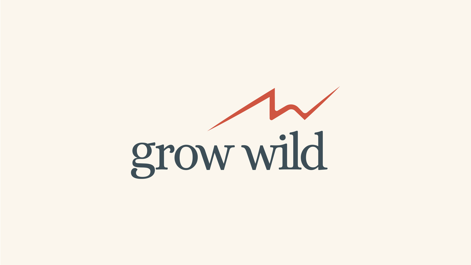 Brand logo; text "grow wild" in slate blue with an orange W-shaped icon above, set against a cream background